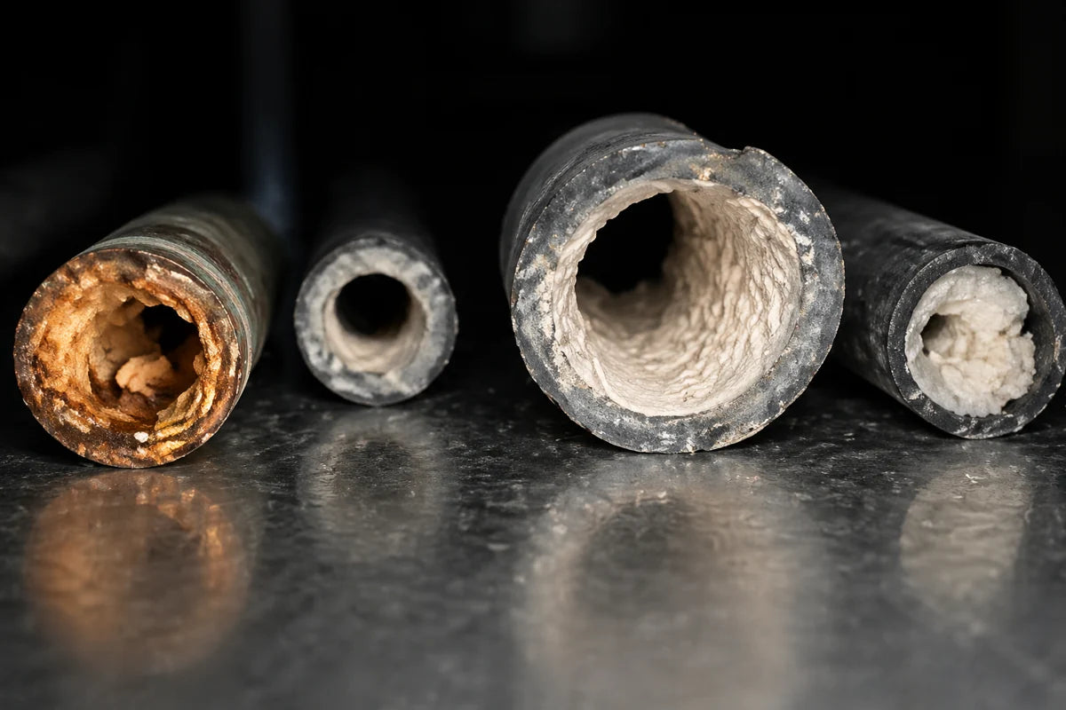 Scaled copper pipe interior